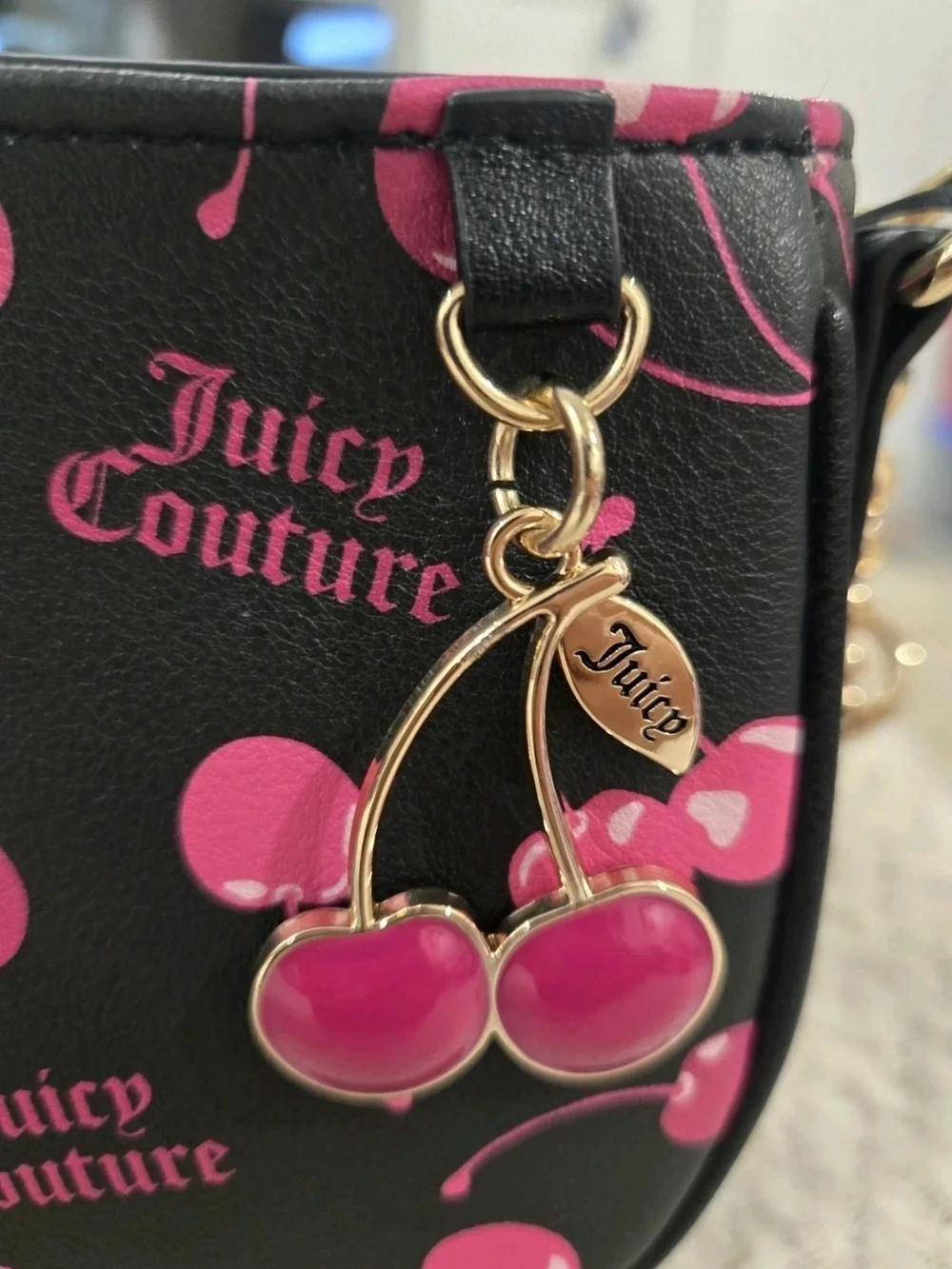 Juicy Couture Black & Pink Cherry Print Wristlet Bag NWT
